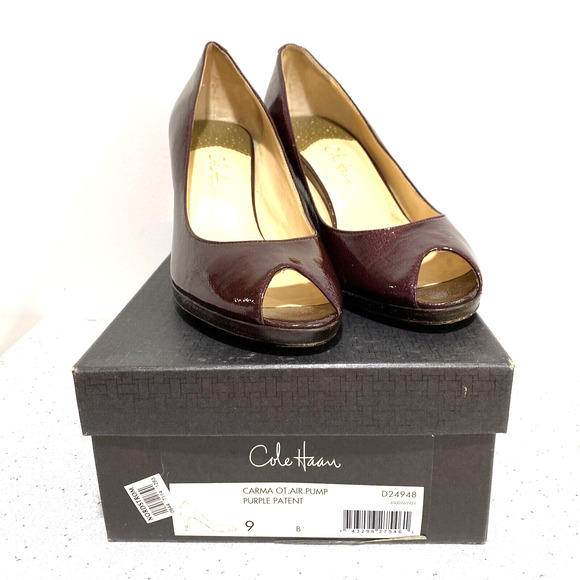 Cole Haan 9B Carma OT Air Purple Patent Metallic Leather Pump Peep Toe Shoes - Picture 3 of 12